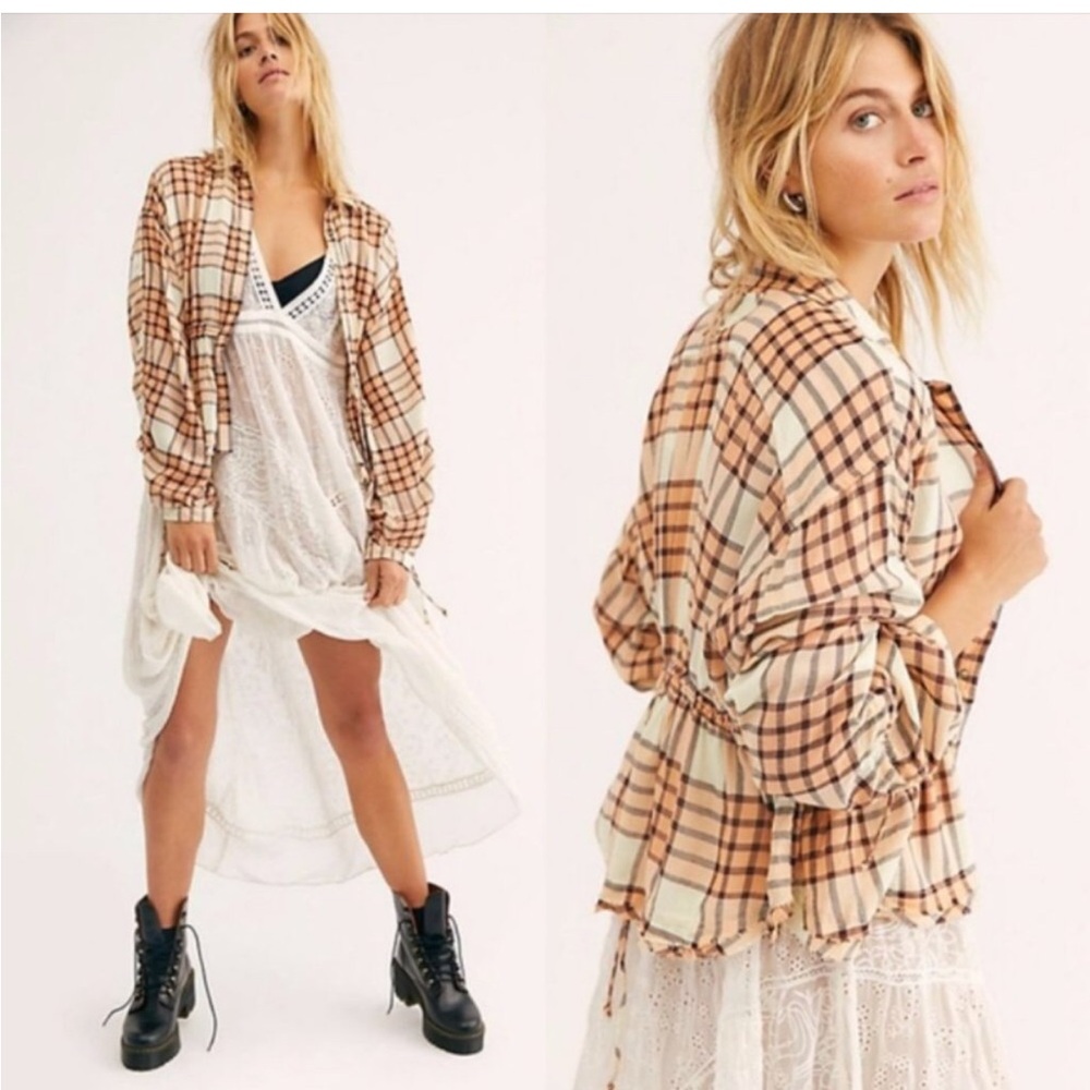 NWT Free People Pacific Dawn Plaid Shirt Peach Tree Plaid Snap Button Down XS